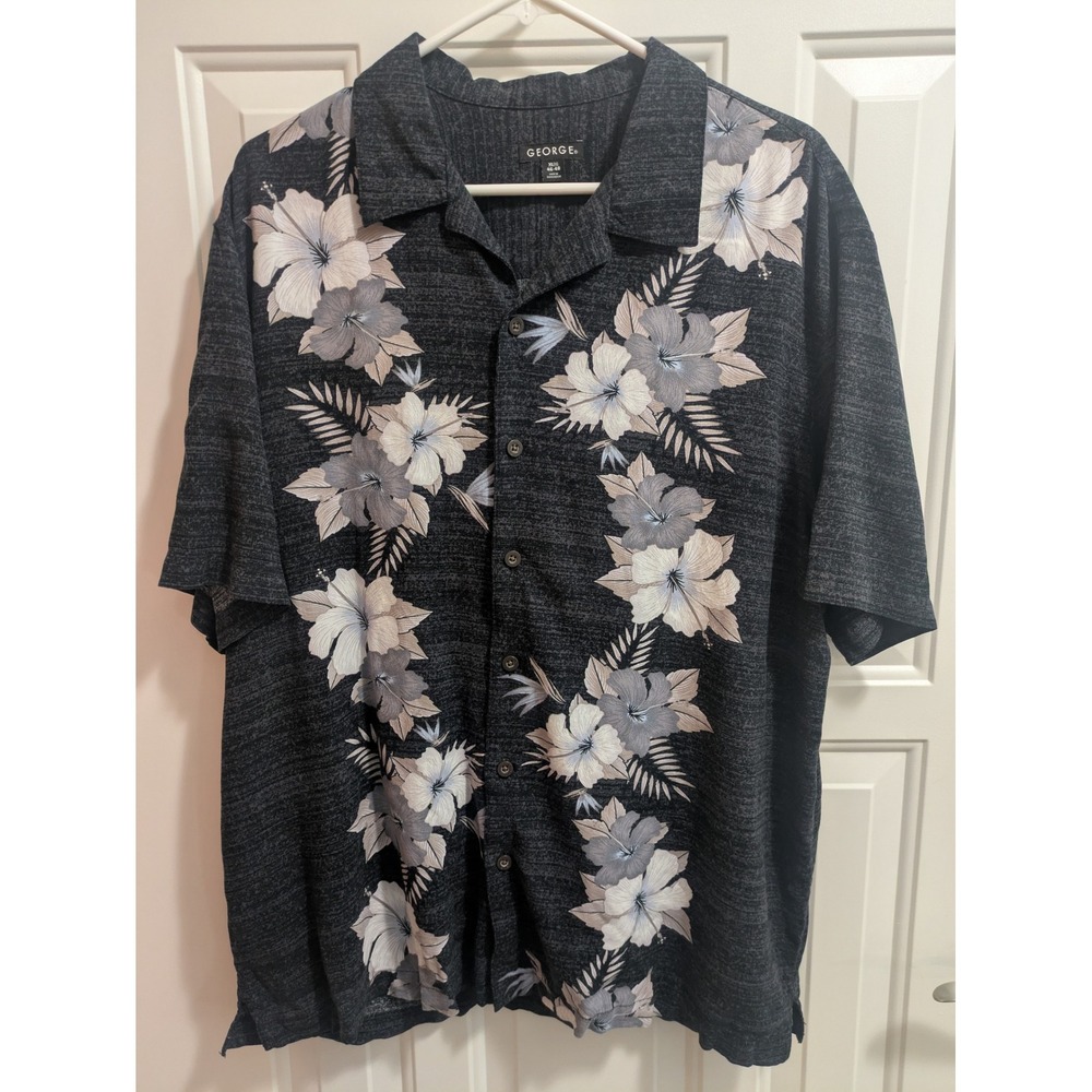 George Mens XL Floral Hibiscus Button Down Shirt Grey Black Rayon GM227Y029